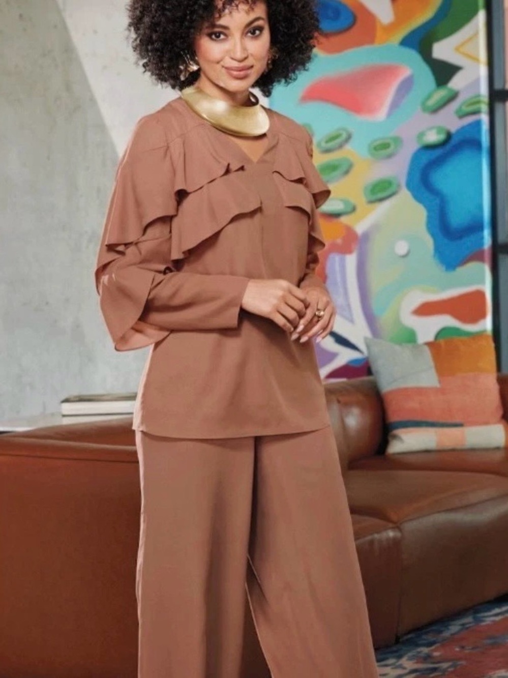 Ashro Ariel Ruffle Pant Suit Orange (Cinnamon) 2X EUC